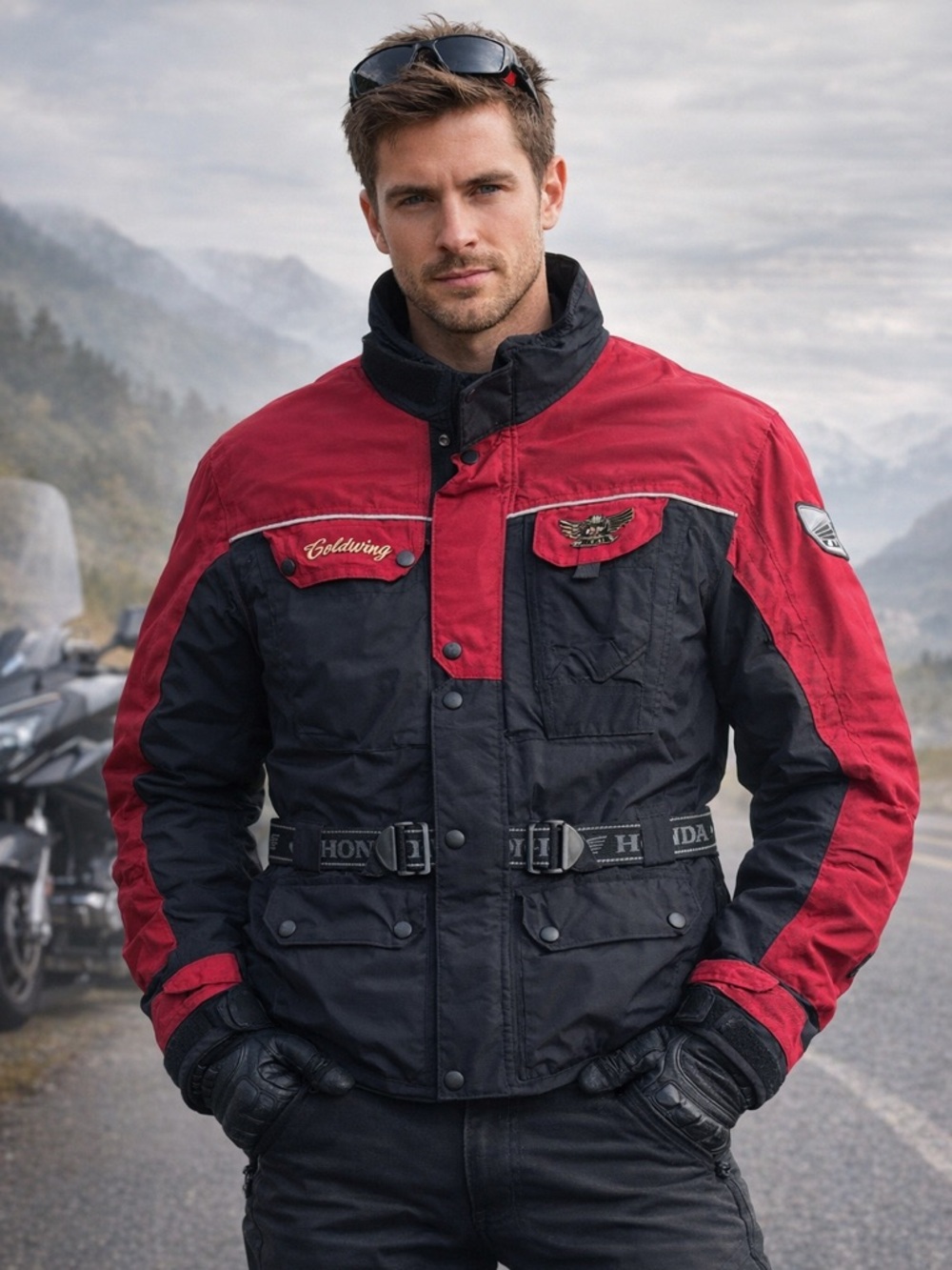 Honda Goldwing Motorcycle Jacket Red Black Belted Touring Coat Size S